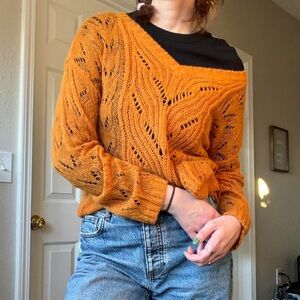 Orange wool alpaca open knit sweater